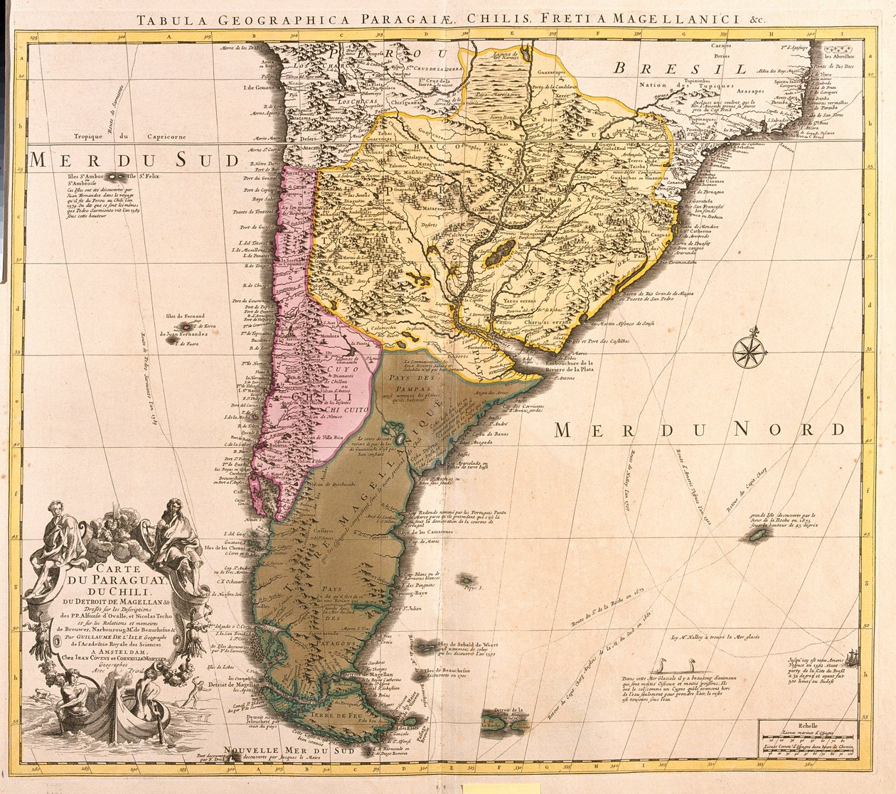 Paraguay, Şili ve Macellan Land (Arjantin) Haritası (gravür by Guillaume Delisle