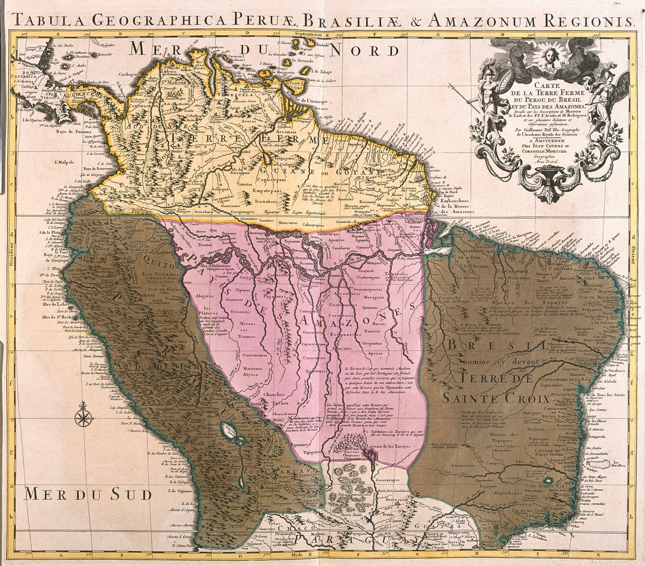 Peru, Guyana, Brezilya ve Amazon bölgelerinin haritası (gravür by Guillaume Delisle