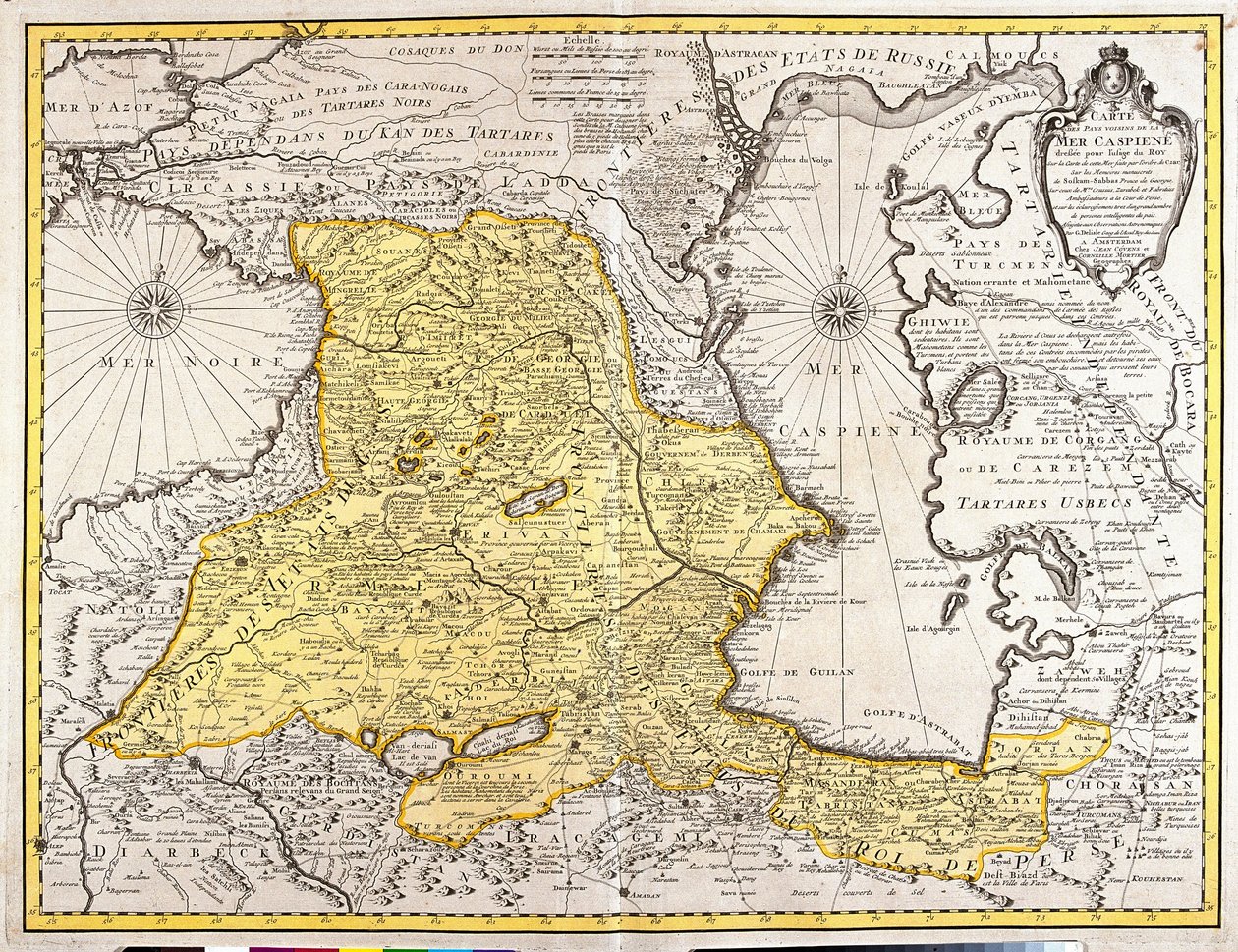 Hazar Denizi'nin komşu ülkelerinin haritası (Rusya, Ermenistan, İran, Kazakistan, Türkmenistan) (gravür by Guillaume Delisle