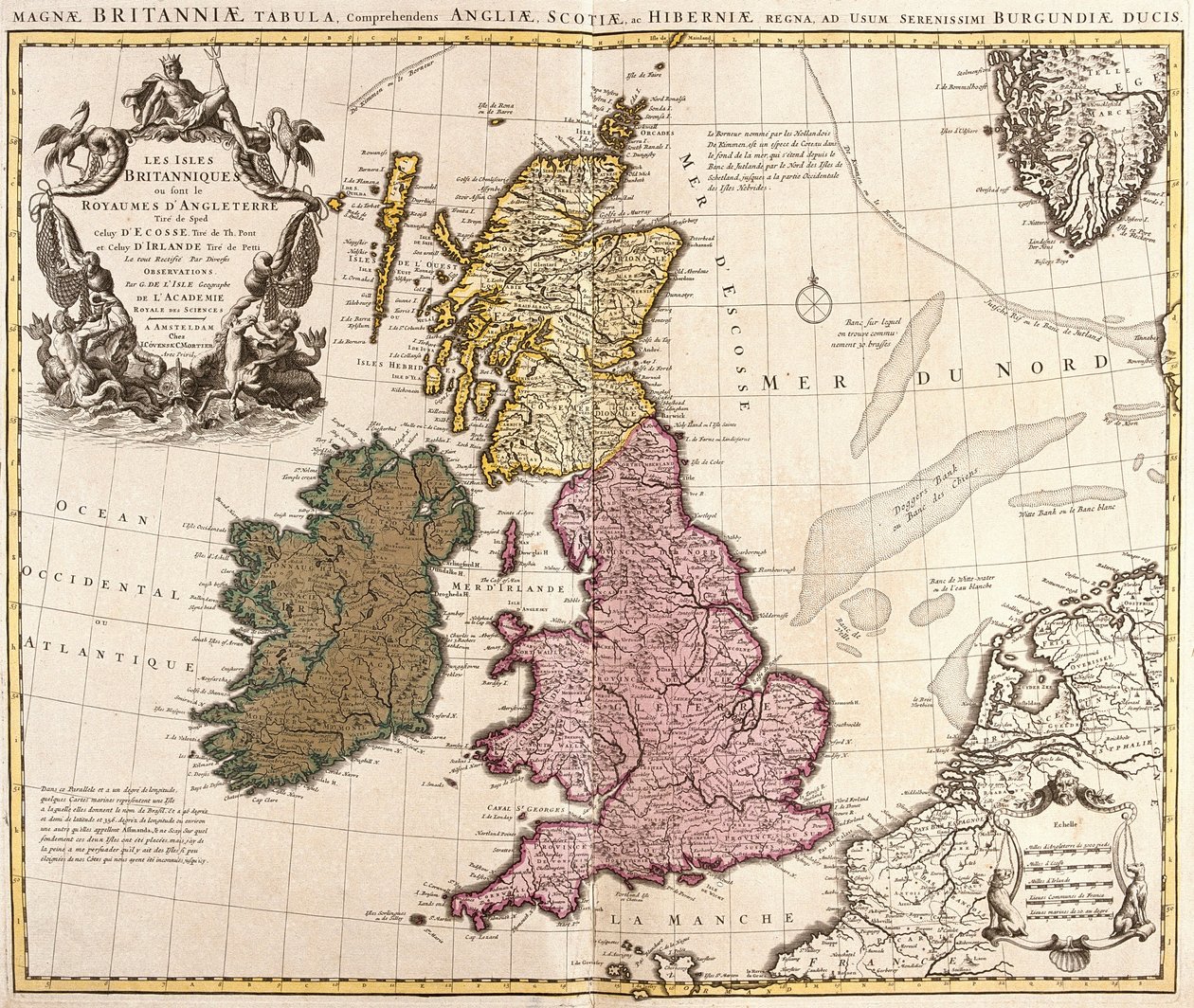 Britanya Adaları, İngiltere Krallıkları, İskoçya ve İrlanda Haritası (gravür by Guillaume Delisle