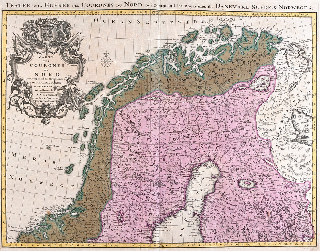 İskandinav ülkeleri, Danimarka, İsveç ve Norveç krallıklarının haritası (gravür by Guillaume Delisle