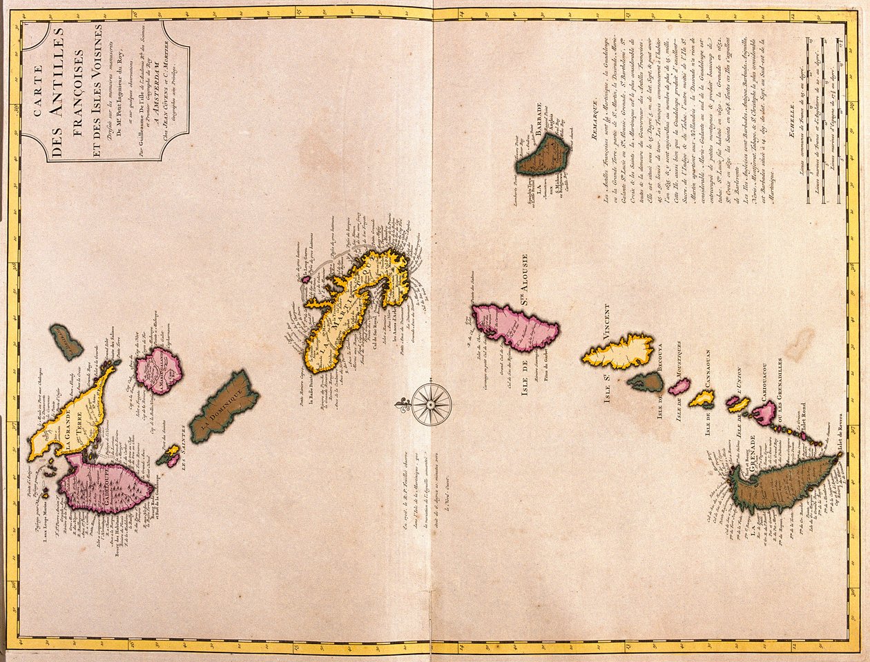 Karayip Adaları Haritaları (Guadeloupe, Marie Galante, Dominika, Martinik, Saint Lucia, Saint Vincent, Barbados, Grenadinler ve Grenada) (gravür by Guillaume Delisle