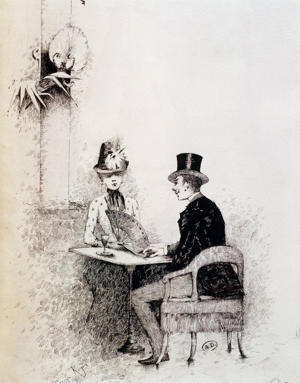 Paris kafesinde bir çift (kağıt üzerine mürekkep) by Guillaume Georges Roger