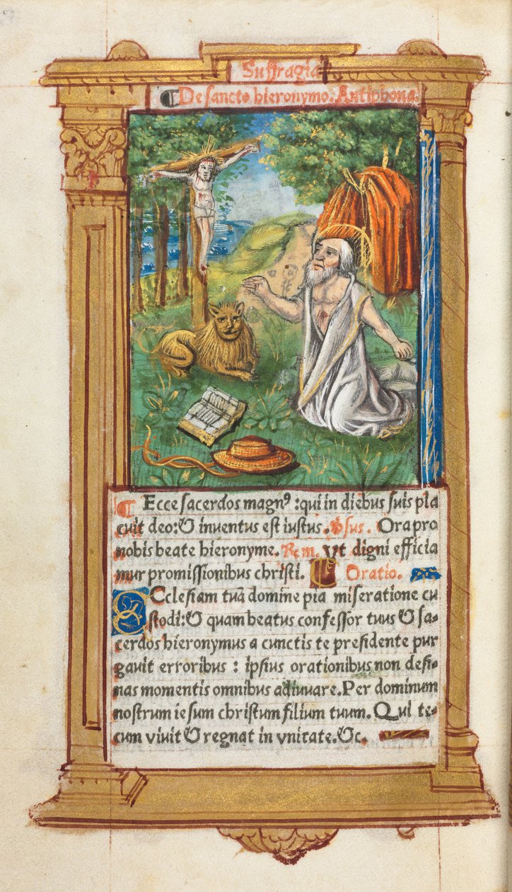 Basılı Saatler Kitabı Roma Kullanımı: fol. 107v, Aziz Jerome ve Aslan, 1510. by Guillaume Le Rouge