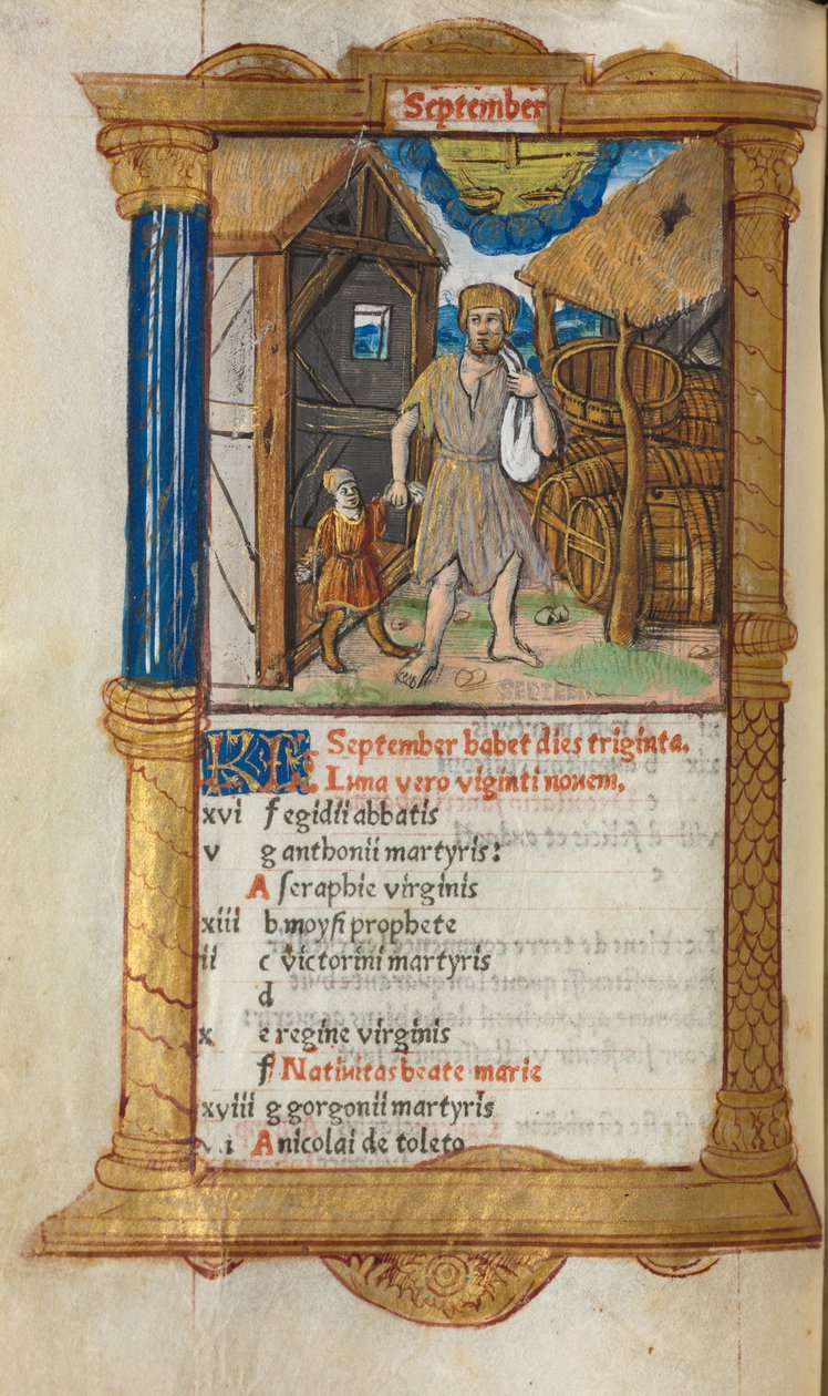 Basılı Saatler Kitabı Roma Kullanımı: fol. 10v, Eylül takvimi illüstrasyonu, 1510. by Guillaume Le Rouge