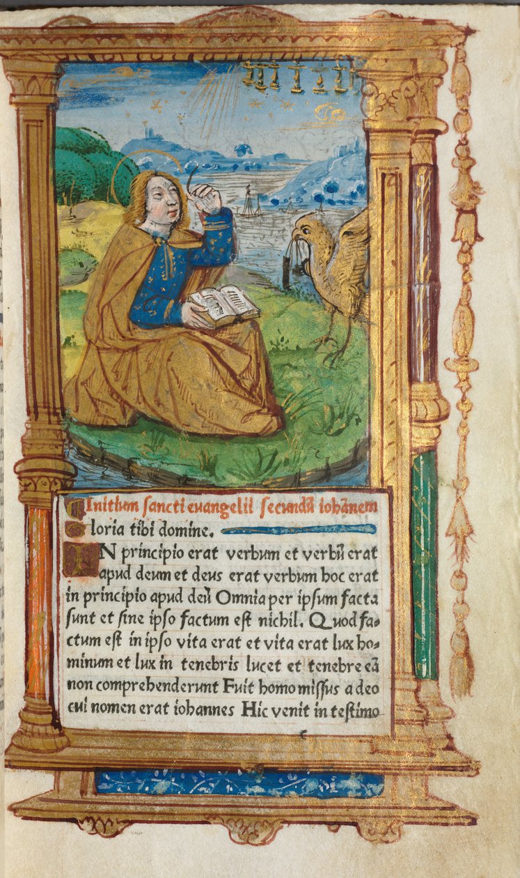 Basılı Saatler Kitabı Roma Kullanımı: fol. 17r, St. John on Patmos, 1510. by Guillaume Le Rouge