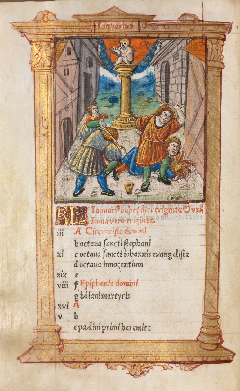 Basılı Saatler Kitabı Roma Kullanımı: fol. 2v, Ocak takvimi illüstrasyonu, 1510. by Guillaume Le Rouge