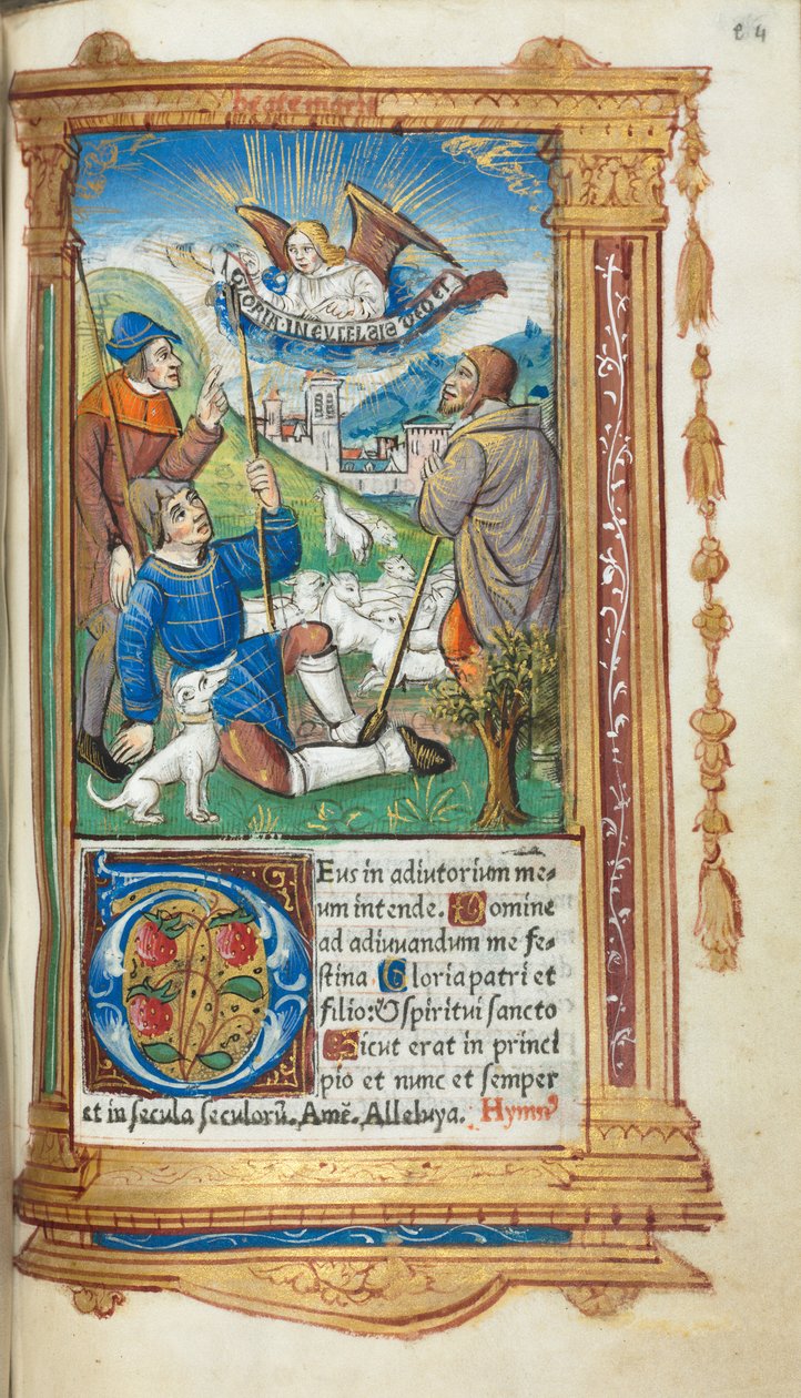 Basılı Saatler Kitabı Roma Kullanımı: fol. 36r, Çobanlara Müjde, 1510. by Guillaume Le Rouge