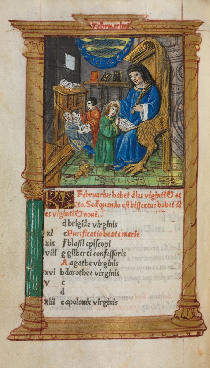 Roma Kullanım Saatleri Basılı Kitap: fol. 3v, Şubat takvimi illüstrasyonu, 1510. by Guillaume Le Rouge