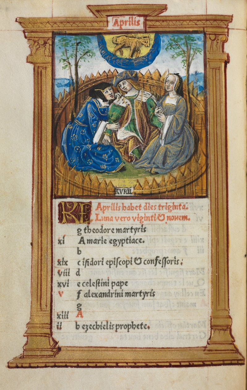 Basılı Saatler Kitabı Roma Kullanımı: fol. 5v, Nisan takvimi illüstrasyonu, 1510. by Guillaume Le Rouge