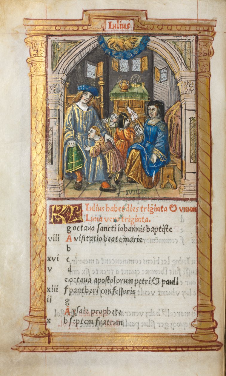 Basılı Saatler Kitabı Roma Kullanımı: fol. 8v, Temmuz takvimi illüstrasyonu, 1510. by Guillaume Le Rouge