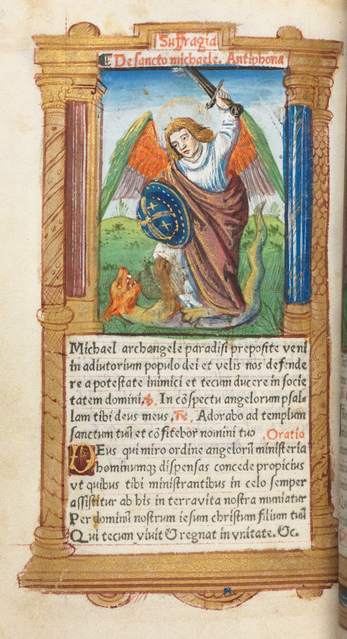 Basılı Saatler Kitabı Roma Kullanımı: fol. 97v, Başmelek Aziz Mikail, 1510. by Guillaume Le Rouge
