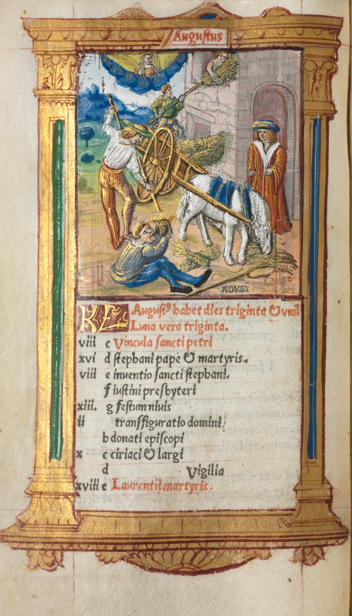 Roma Kullanım Saatleri Basılı Kitap: fol. 9v, Ağustos takvim illüstrasyonu, 1510. by Guillaume Le Rouge