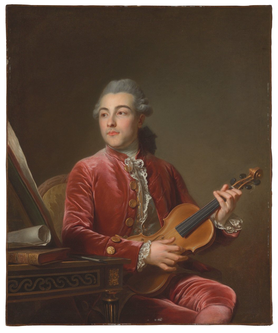 Kırmızı kadife ceketli ve kemanlı bir beyefendinin portresi (tuval üzerine yağlı boya) by Guillaume Voiriot