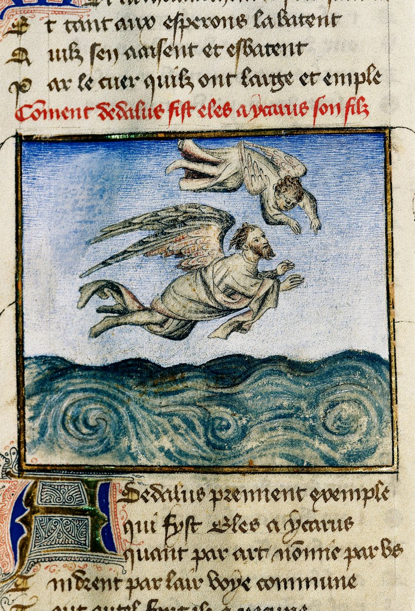 “" Dedale ve Icarus "” (Icarus ve Daedalus) Minos'a kaçmak için Dedale, balmumu kanatları sayesinde oğlu Icarus'u uçmaya zorlar. Guillaume Lorris'in “Gülün Romanı” adlı el yazmasından minyatür by Guillaume de Lorris