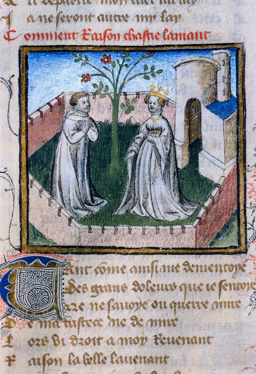 "Roman de la Rose" da bir gülün yanında minyatür bir çift sevgilinin temsili by Guillaume de Lorris