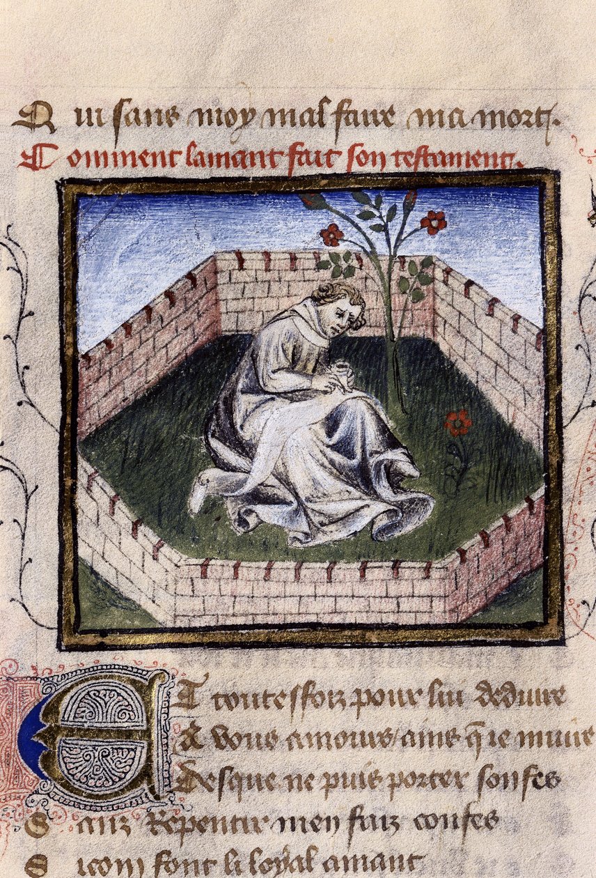 Guillaume Lorris'in "Roman de la Rose" adlı eserinde Narcissus çeşmesini keşfeden zevkler bahçesinde aşık genç bir çocuğun temsili by Guillaume de Lorris