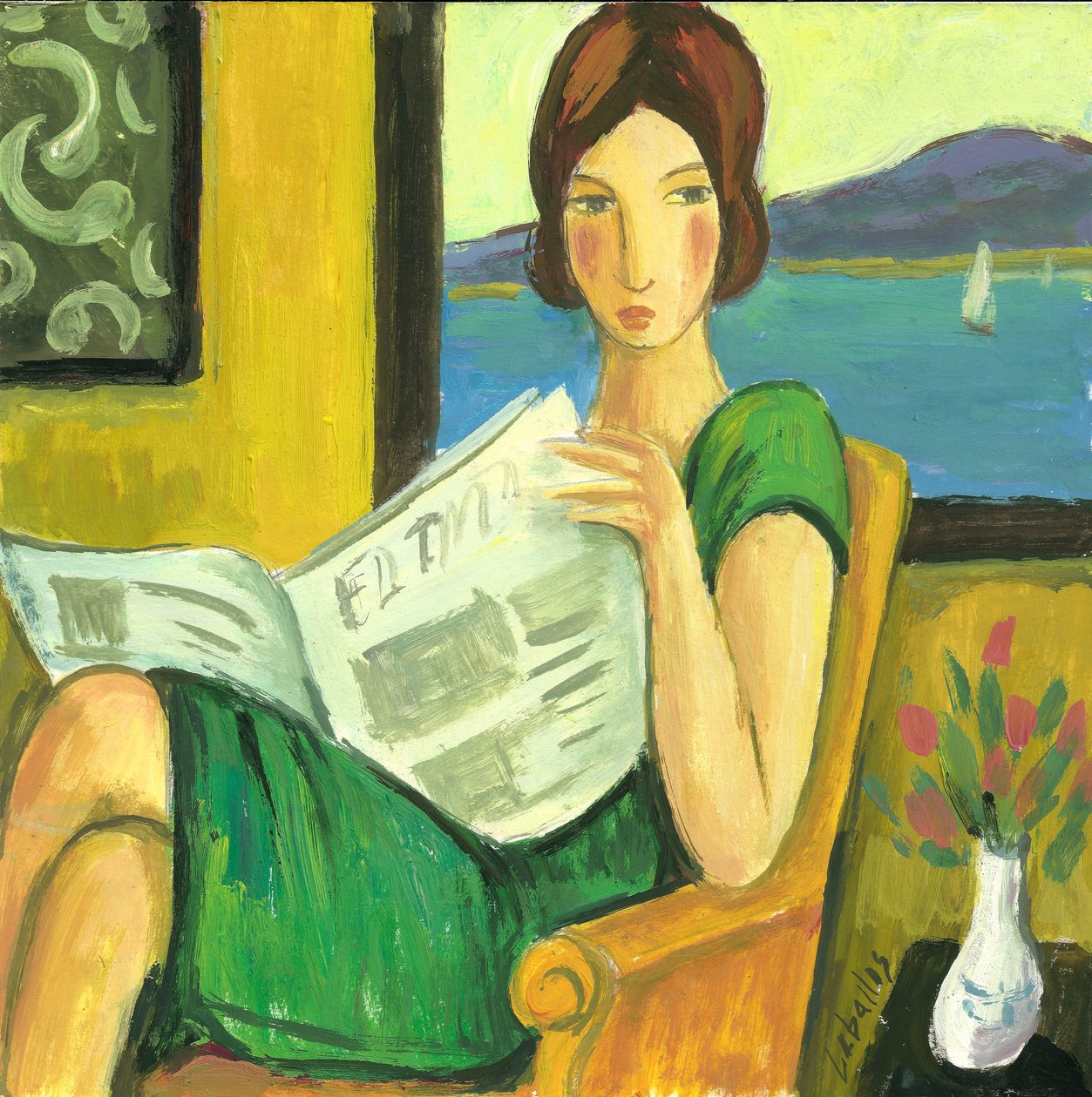 Gazete okuyan kız, 2013 (kağıt üzerine guaj) by Guillermo Martí Ceballos