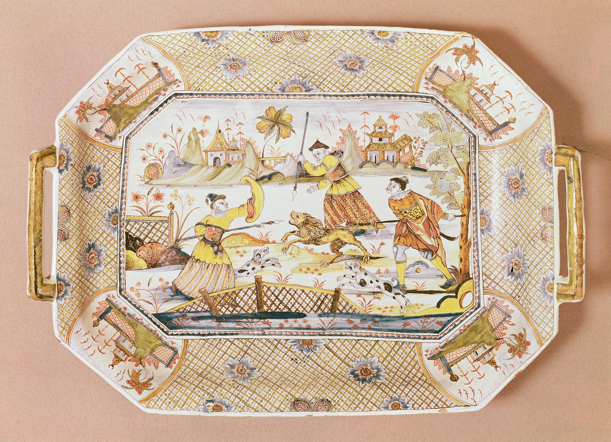 Çin aslan avı desenli sekizgen tabak, c.1730 (seramik) by Guillibaud