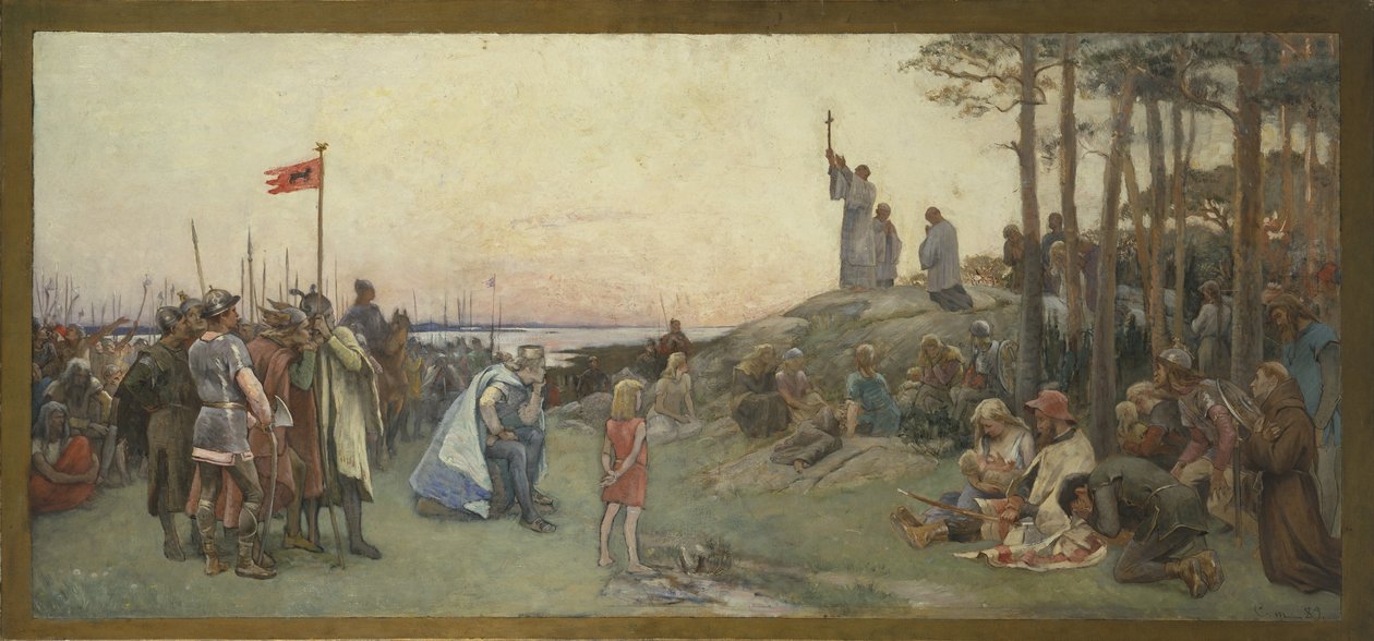 Aziz Anschaire (Anschaire de Breme, Oscar ou Ansgar, 801-865) prechant le christianisme - Ansgar Vaaz Hıristiyanlığı, yazan Cederstroem, Gustaf (1845-1933). Tuval üzerine yağlıboya by Gustaf Olaf Cederstrom