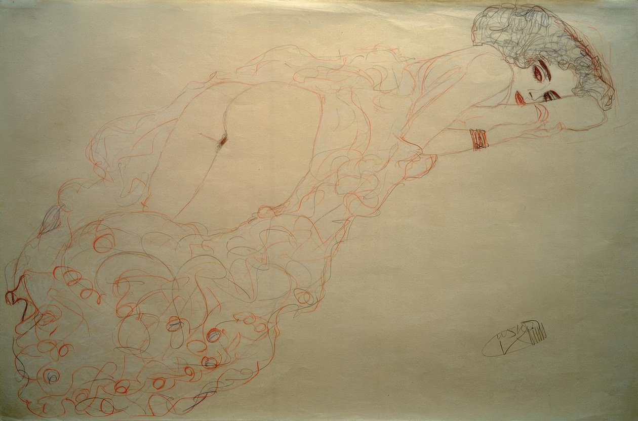 Sağda karın üzerinde yatan çıplak by Gustav Klimt