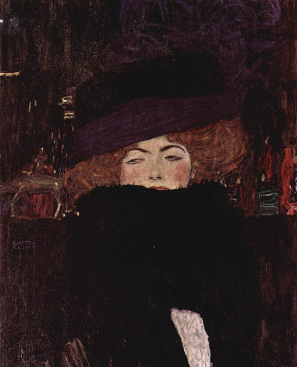 Bayan şapka ve tüy boa ile by Gustav Klimt