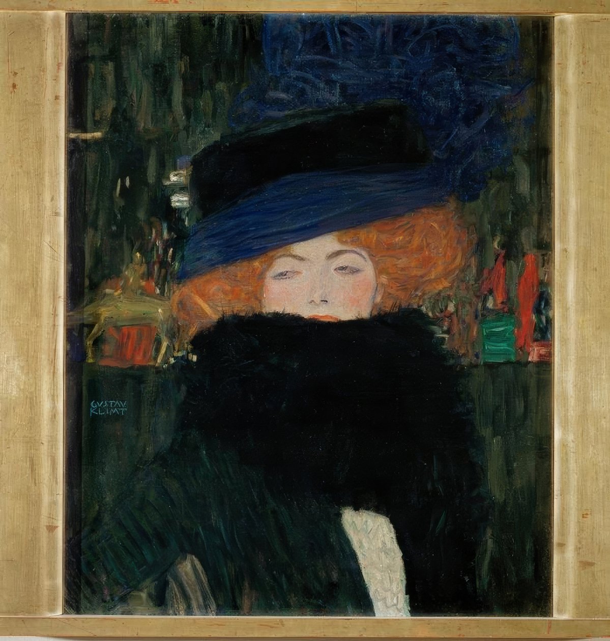 Bayan şapka ve tüy boa ile by Gustav Klimt
