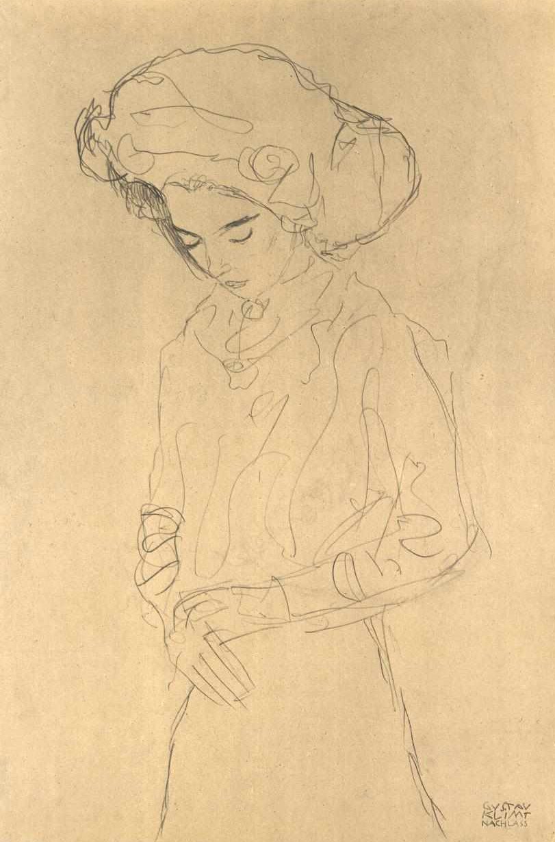 Kız aşağı bakıyor by Gustav Klimt