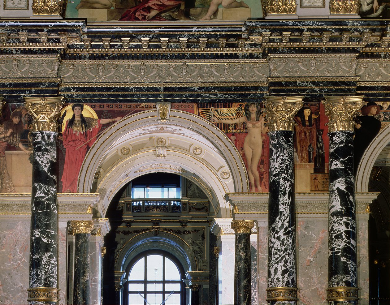 Interior of the Kunsthistorisches Museum, Vienna, detail depicting archway and the spandrel decoration of figures depicting Ancient Greece and Ancient Egypt, Vienna, 189091 (mural) by Gustav Klimt