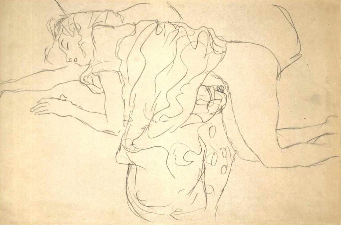 Solda yarı çıplak diz çökmüş by Gustav Klimt