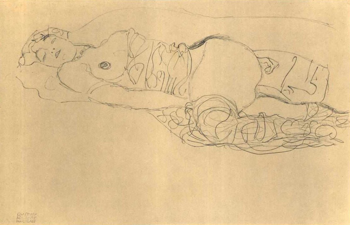 Bacakları yukarı çekilerek yarım saat sola yatmak by Gustav Klimt