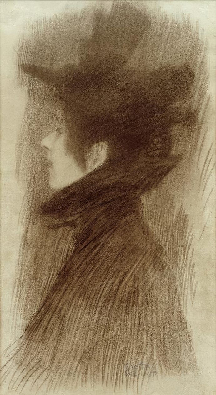 Profilde şapkalı ve pelerinli kız by Gustav Klimt