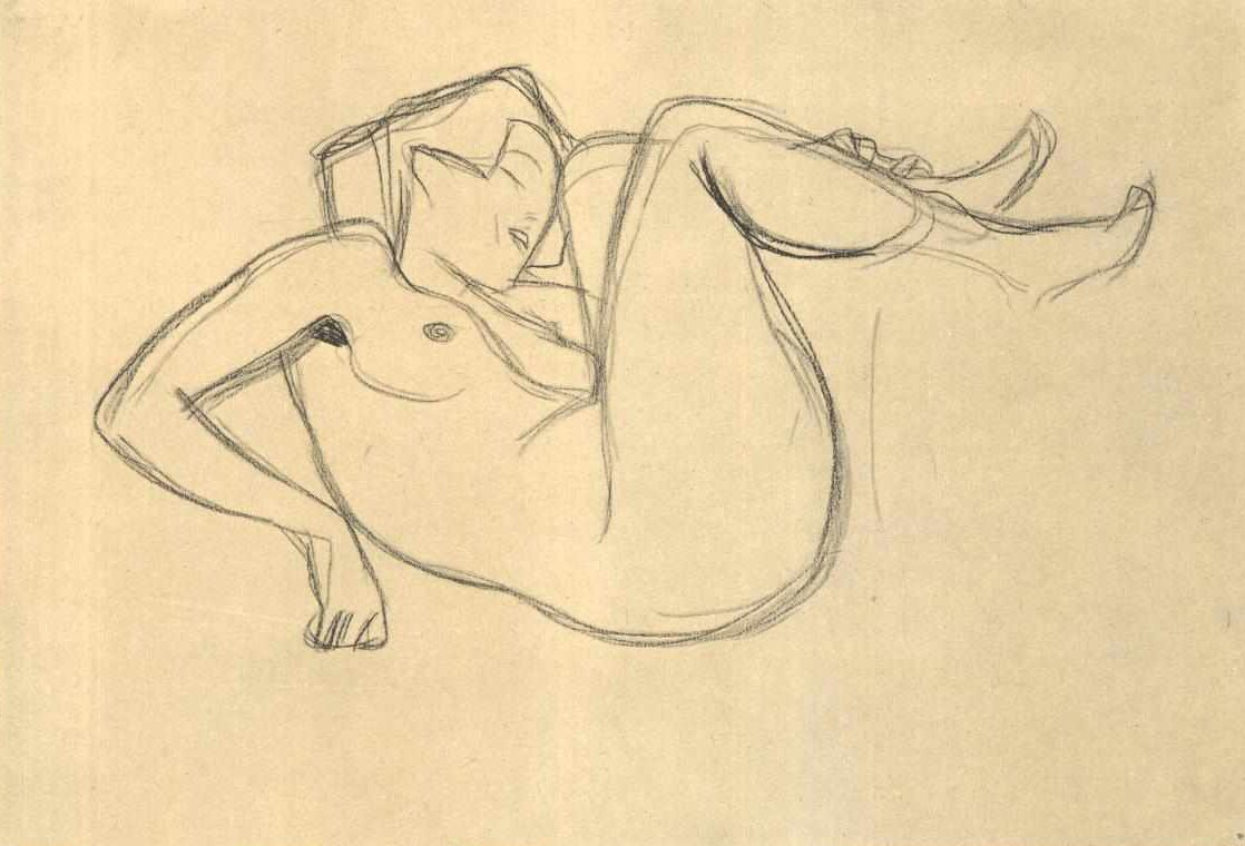 Kız çıplak çömelmiş uylukları ile by Gustav Klimt