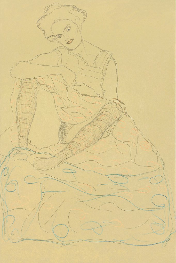 Bacakları ayrı oturan yarı çıplak by Gustav Klimt