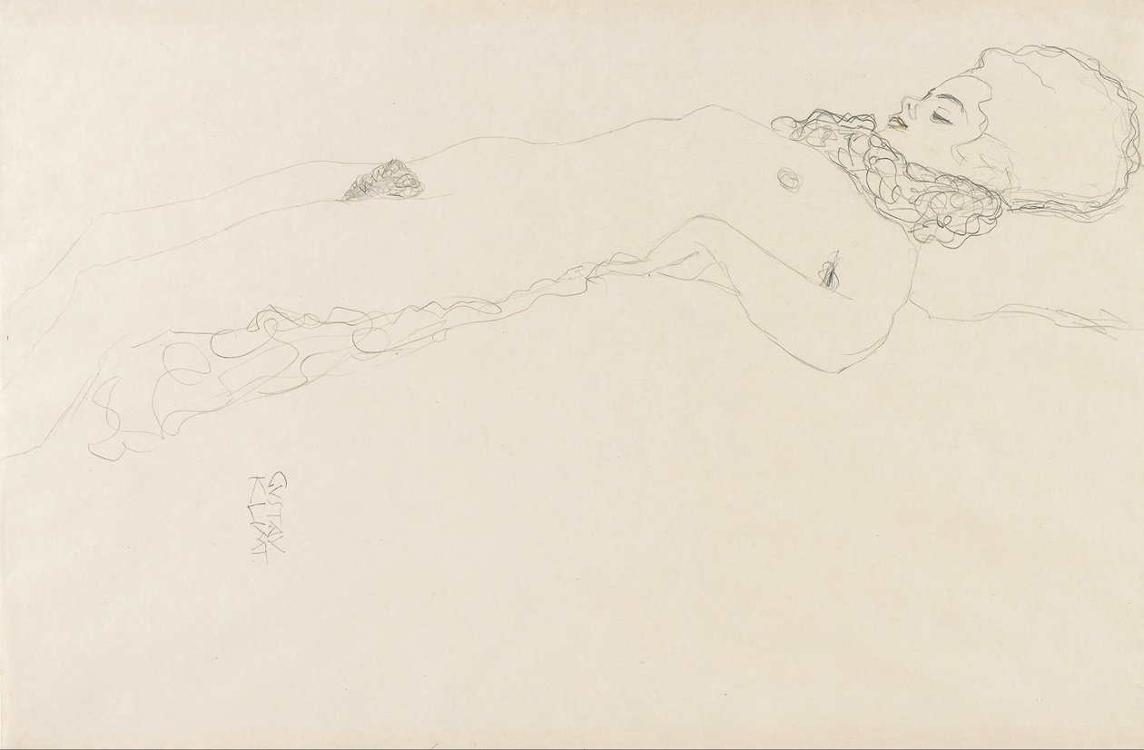 Ruff ile çıplak kız, yalan by Gustav Klimt