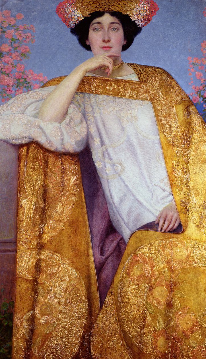 Ernst Klimt (1864-92) Franz Matsch (1861-1942) ve atölyesi, 1886-87 ile birlikte boyanmış Altın Elbiseli Bir Kadın Portresi by Gustav Klimt