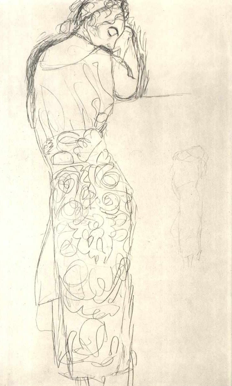 Desenli etekli duran bir kadının arka görünümü by Gustav Klimt