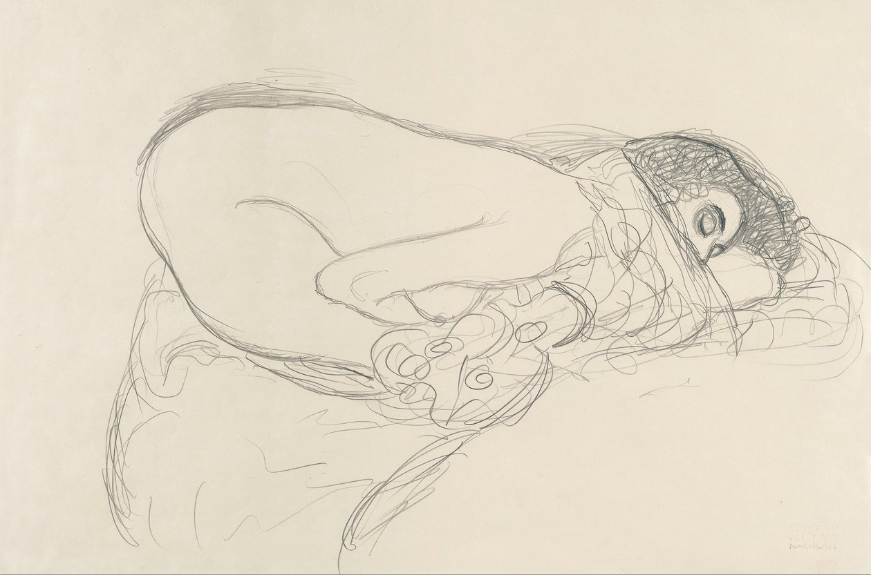 Öne eğilmiş Yarı Çıplak (Leda Resmine Hazırlık Çalışması) by Gustav Klimt