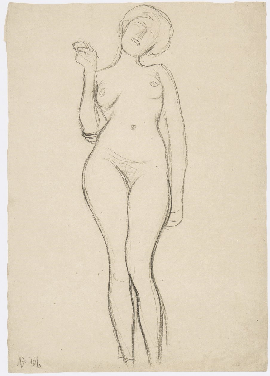 Kaldırılmış sağ kol ile önden çıplak duran kadın by Gustav Klimt