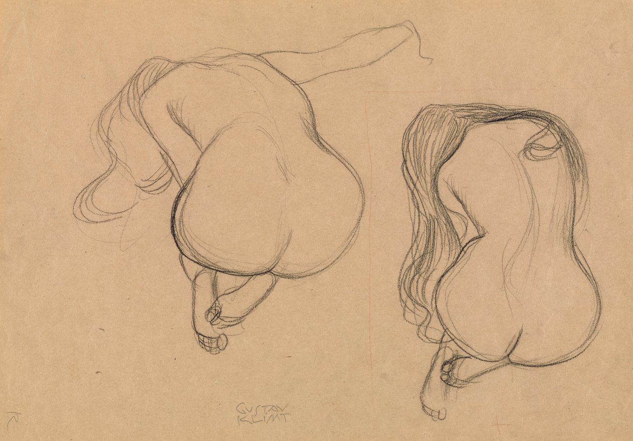 Uzun Saçlı Oturan Çıplak İki Çalışma by Gustav Klimt