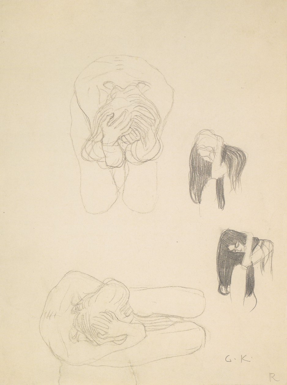 Solda iki çömelmiş çıplak ve iki profil çalışması by Gustav Klimt