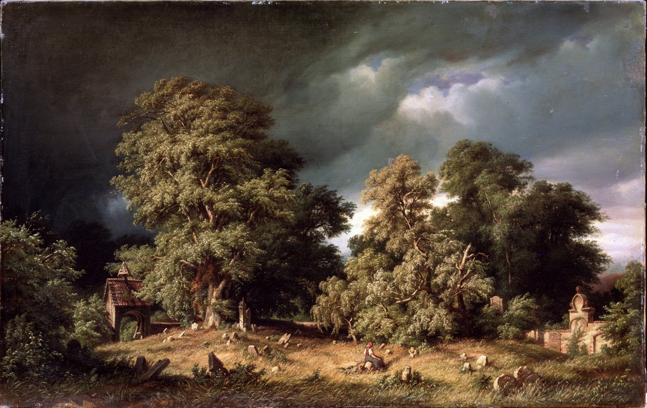 Eski Mezarlık. Gökyüzü kara bulutlarla dolduğunda bir kadın tenha bir kırsal mezarlıkta tek başına oturuyor. Gustav Paul Closs (1840-1870), tuval üzerine yağlı boya, yaklaşık 1865. Alman sanatı, 19. yüzyıl manzarası. Bay. by Gustav Adolf Closs