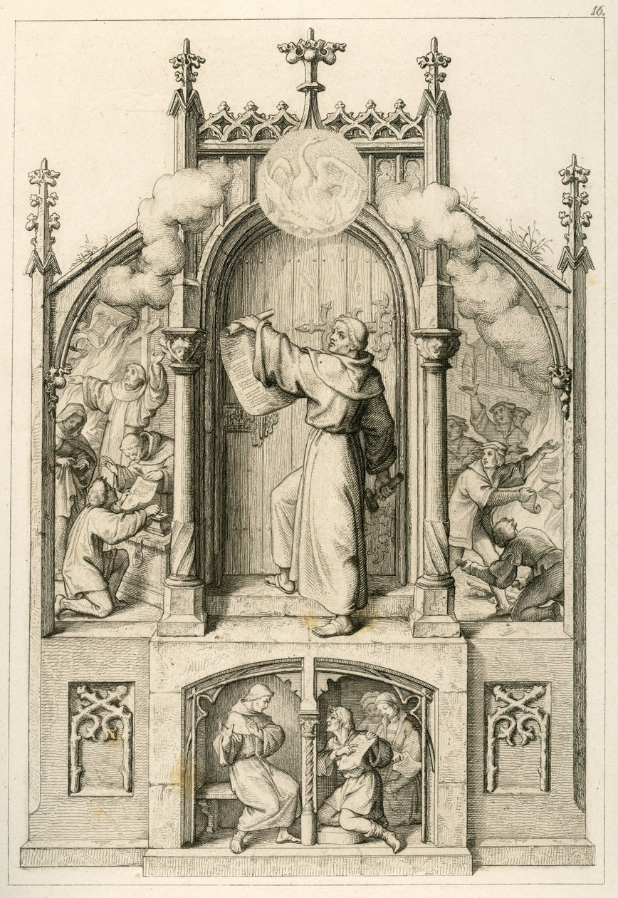 Luther müsamaha göstermek istemiyor, solda: Johann Tetzel (1465-1519) Luther'in kağıtlarını yakıyor, ana resim: Luther 95 tezini Wittenberg'in kilise kapısına asıyor, sağda: öğrencileri Wittenberg Üniversitesi yanıyor by Gustav Ferdinand Leopold Konig