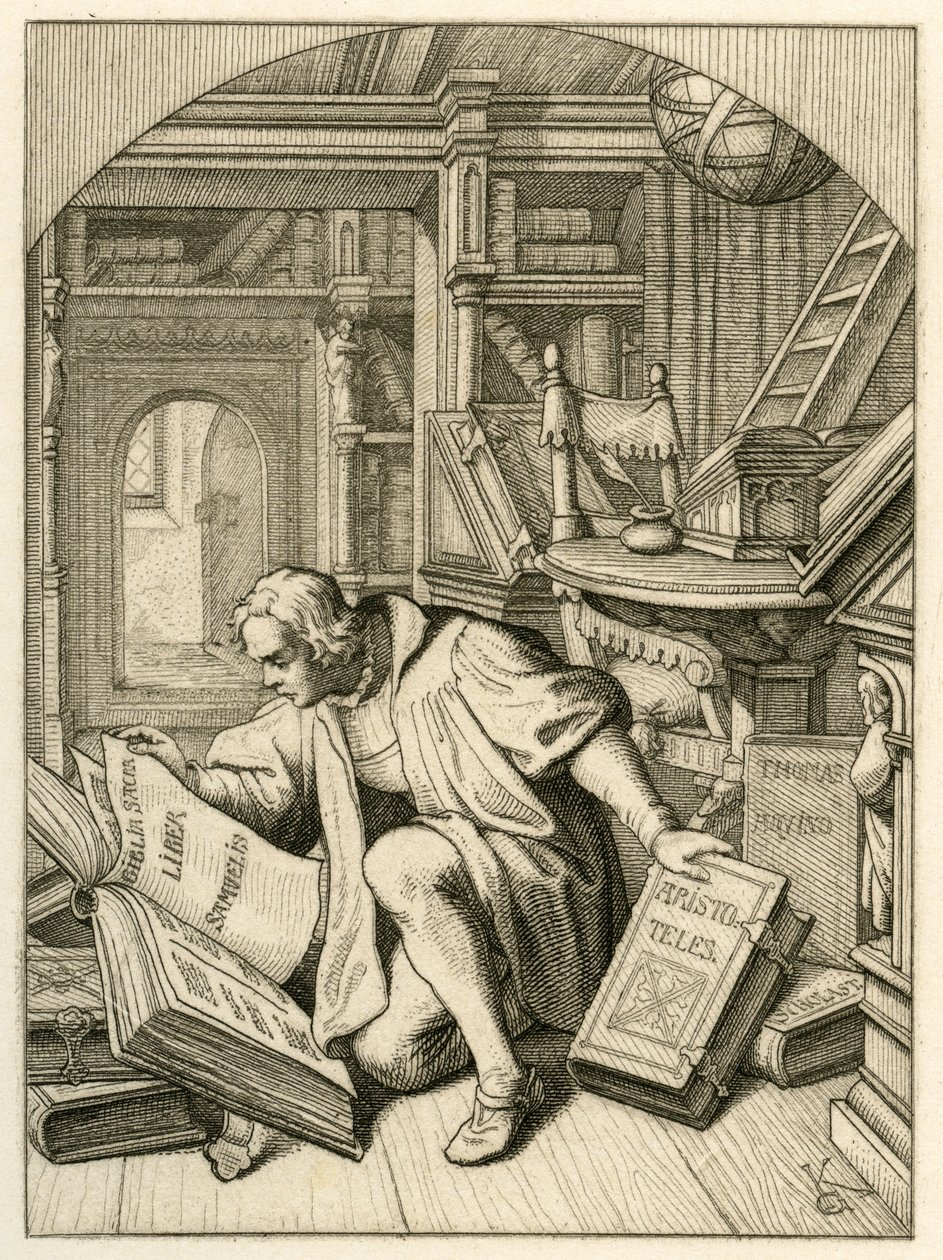 Luther, Erfurt'taki üniversite kütüphanesinde kitap okuyor. Latince bir İncil buldu. by Gustav Ferdinand Leopold Konig