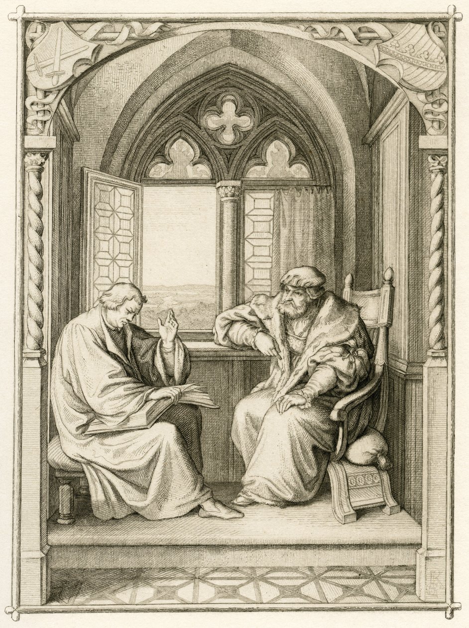 Luther, seçmen Johann dem Bestaendigen'e (Jean I de Saxe) kitap okuyor. by Gustav Ferdinand Leopold Konig