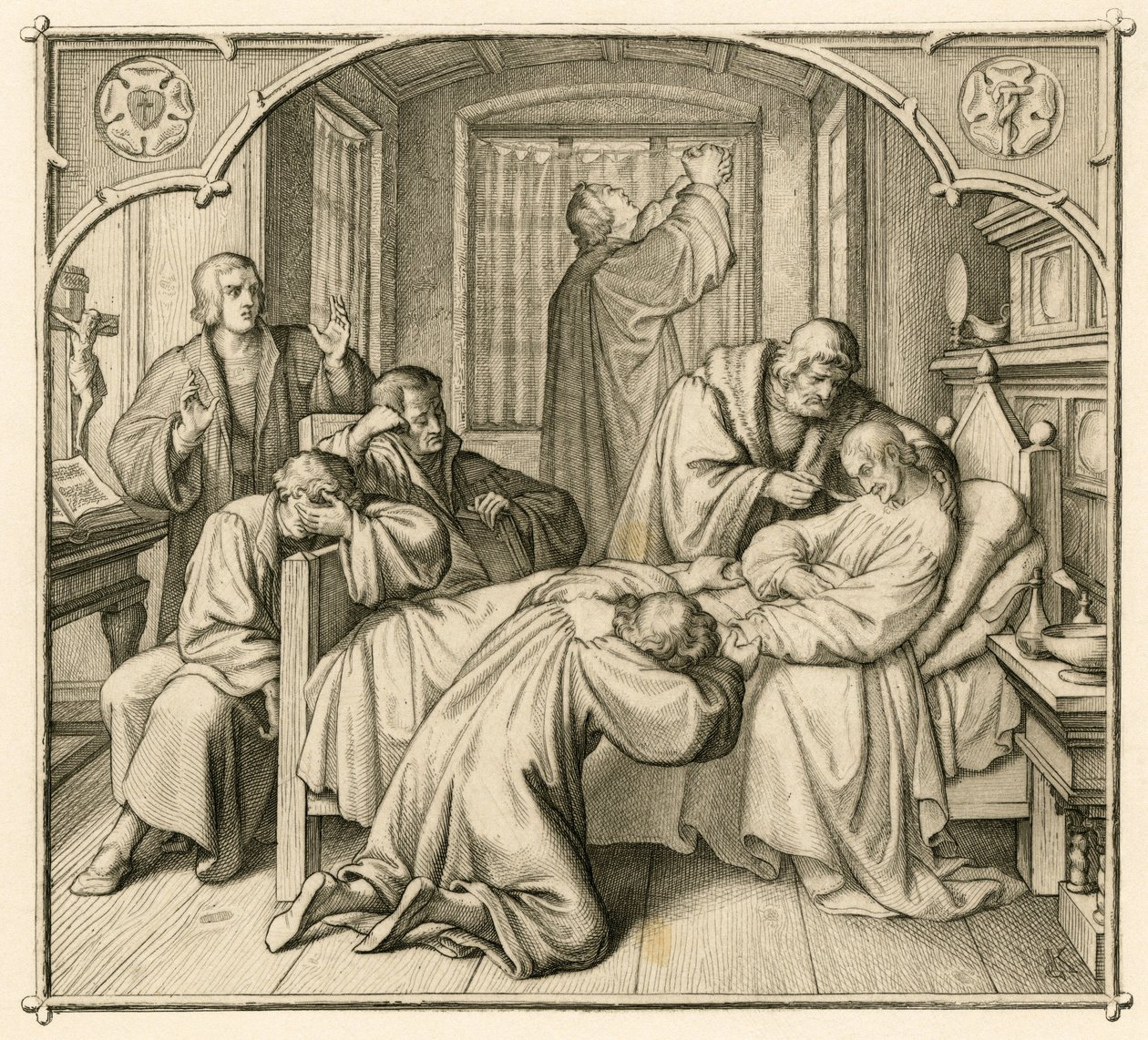 Luther'in arkadaşı Philipp (Philippe, Philippus) Melanchthon (1497-1560) çok hasta ve bu nedenle Luther iyileşmek için dua ediyor by Gustav Ferdinand Leopold Konig