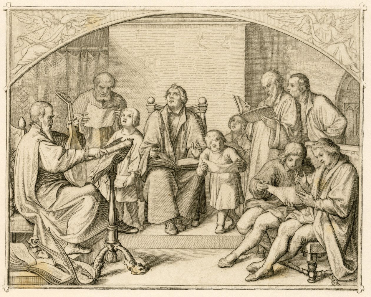 Luther, Johannes Walther (1496-1570) yönetiminde çocukları ve arkadaşlarıyla birlikte Alman Protestan dini ilahilerini tanıtıyor. by Gustav Ferdinand Leopold Konig