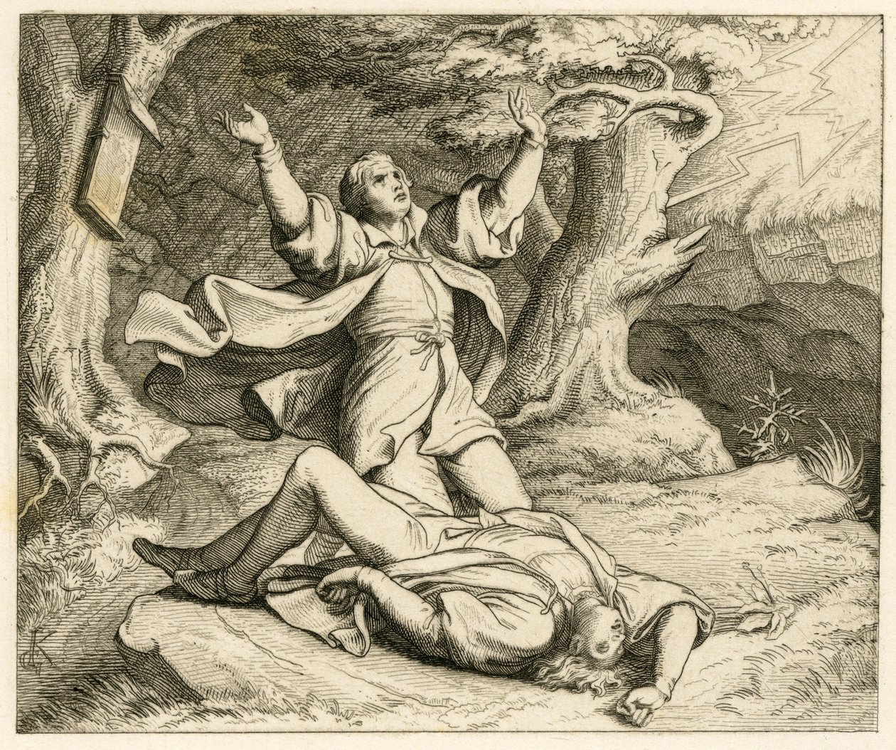 Martin Luther ve arkadaşı Alexis (belki de adı buydu) bir gezintiye çıktılar ve bir fırtına çıktı. Alexis'e yıldırım çarptı ve öldü by Gustav Ferdinand Leopold Konig