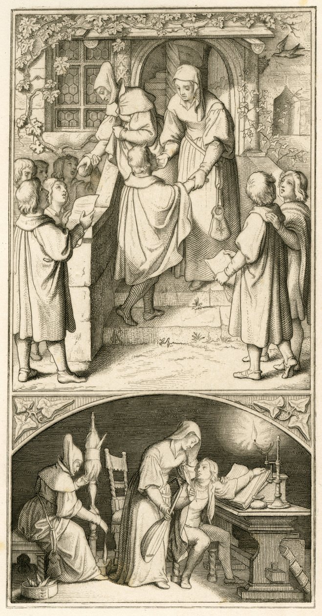 Martin Luther bir okul çocuğu olarak Eisenach'ta Ursula Cotta'nın kapısının önünde biraz ekmek için şarkı söylüyor. Bu evde kaval ve ud öğrenecek, yani orijinal metin by Gustav Ferdinand Leopold Konig