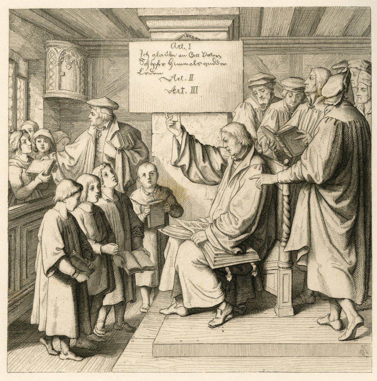 Martin Luther bir sürü çocukla okulda, çünkü din dersleri onun için çok önemli, sağda bazı öğretmenler by Gustav Ferdinand Leopold Konig